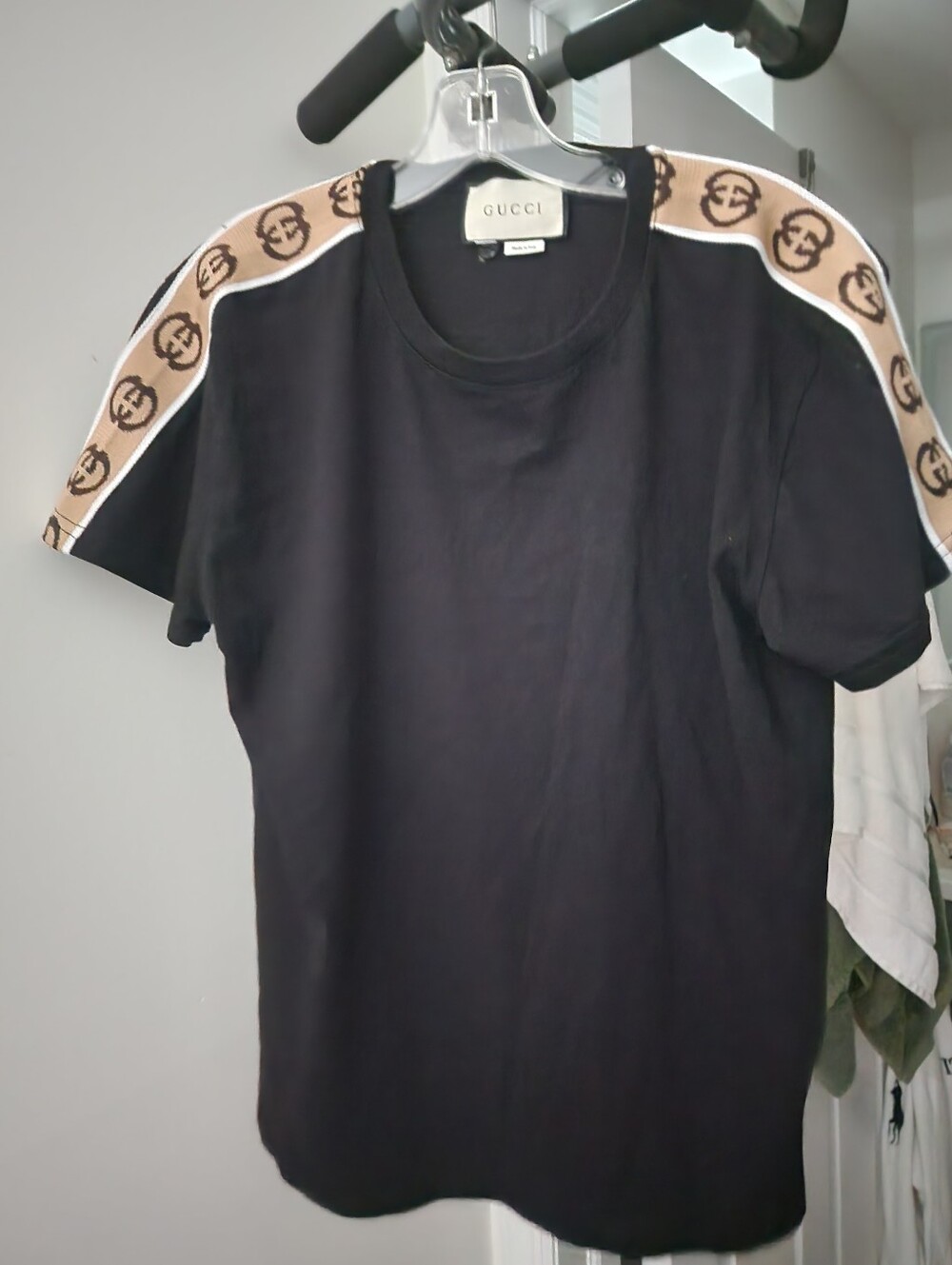 Black Short Sleeve Tee with Beige Logo Shoulder Tape - Picture 3 of 9